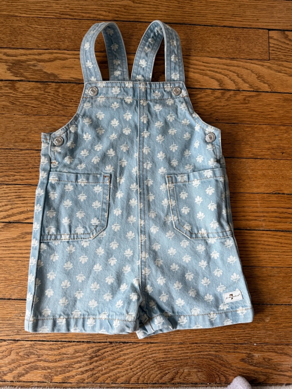 7 For All Mankind Light Blue Floral Denim Short Overalls - Size 18 Months